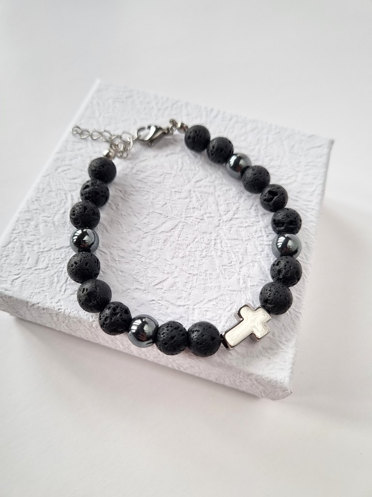 Браслет шунгит/гематит с крестиком