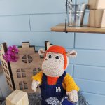 Вязаная игрушка ручной работы Бегемот-строитель, Подарок для ребёнка и декор