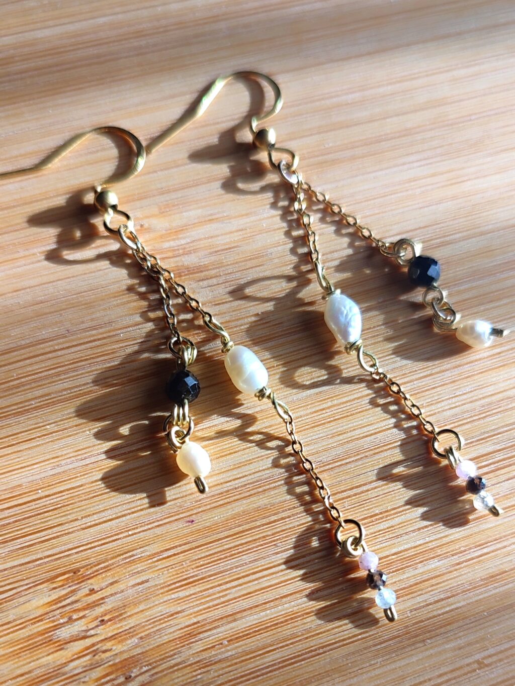 Серьги-цепочки с жемчугом и турмалином