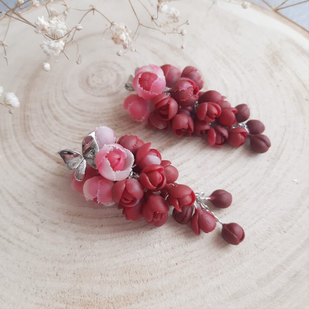 Серьги-грозди с пионами бордо