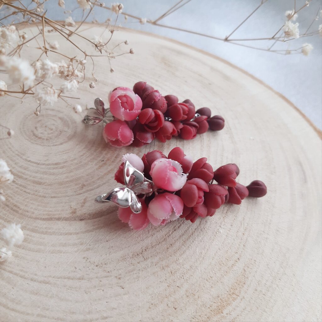 Серьги-грозди с пионами бордо