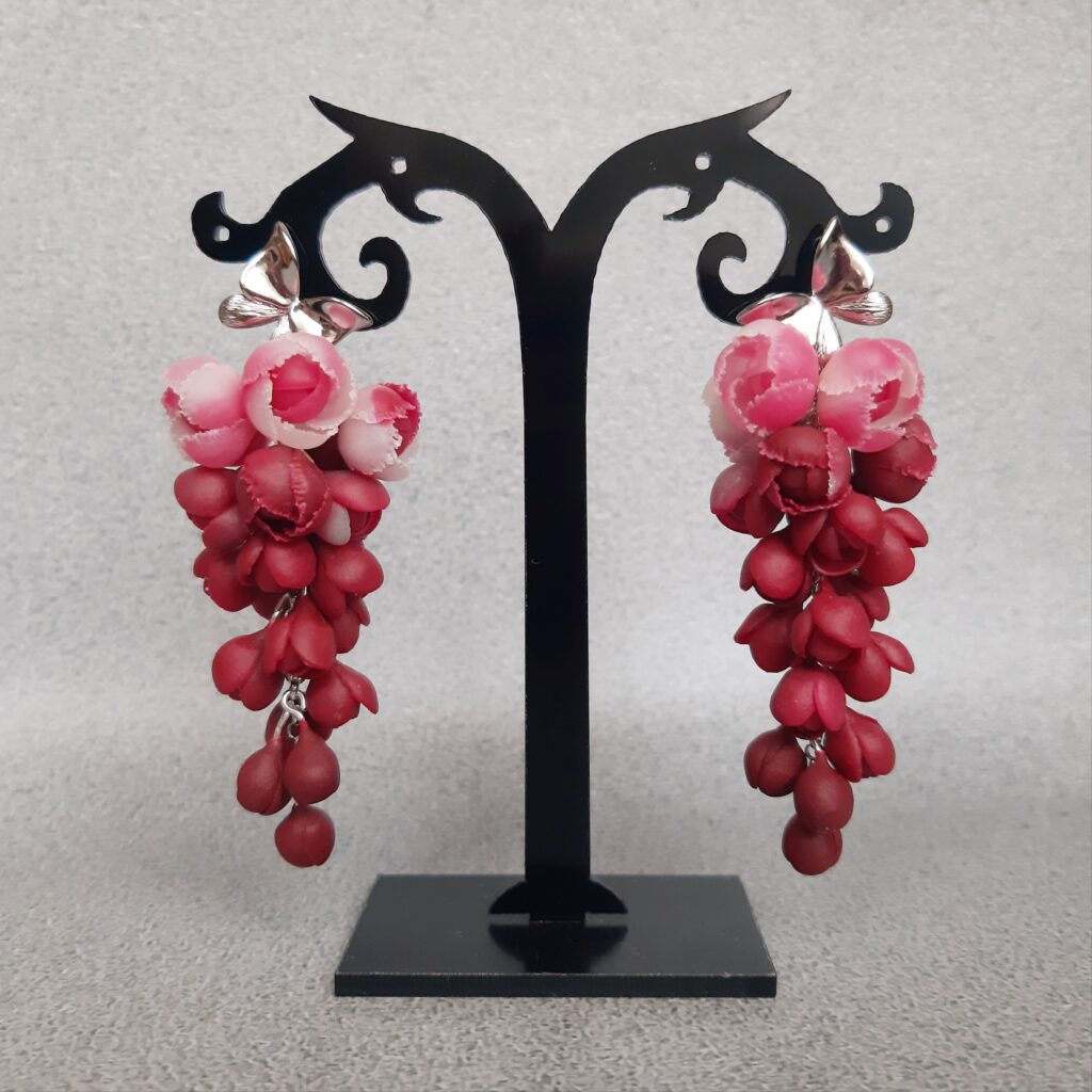 Серьги-грозди с пионами бордо