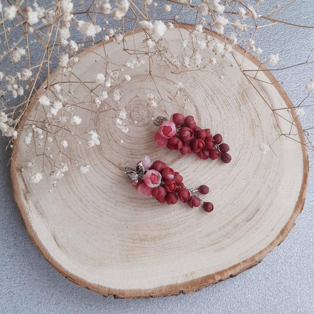 Серьги-грозди с пионами бордо