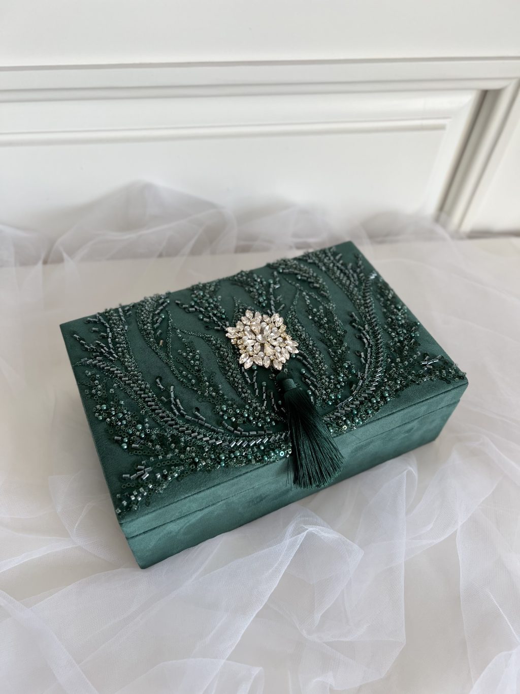 Шкатулка для украшений, изумруд, с бисером, пайетками и кристаллами
