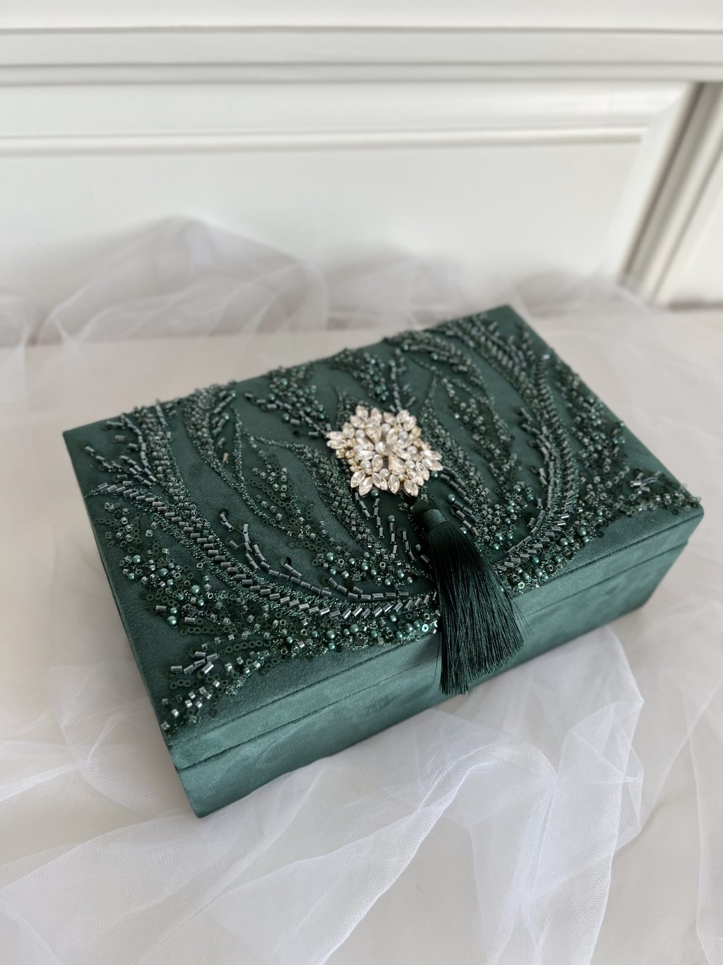 Шкатулка для украшений, изумруд, с бисером, пайетками и кристаллами