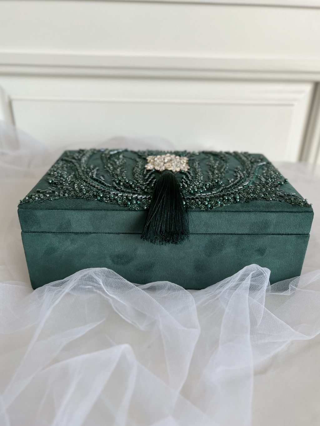 Шкатулка для украшений, изумруд, с бисером, пайетками и кристаллами