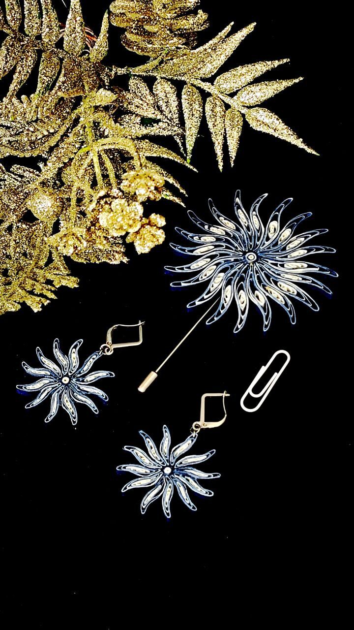 Комплект квиллинг-графика серьги и брошь.