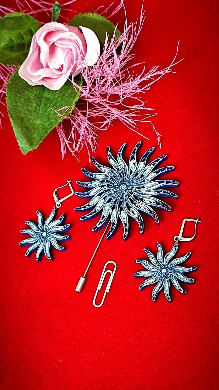 Комплект квиллинг-графика серьги и брошь.