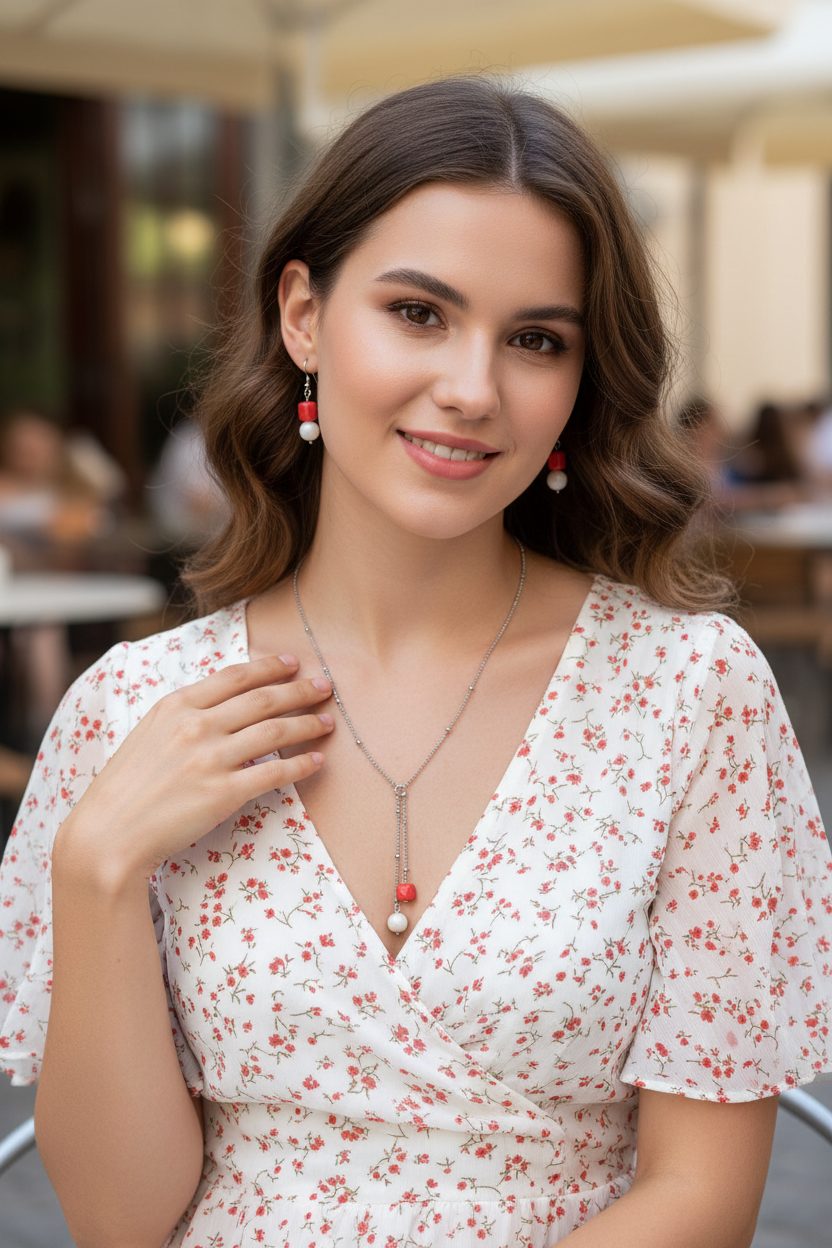 Комплект бижутерии из серёжек и колье с кораллом и агатом