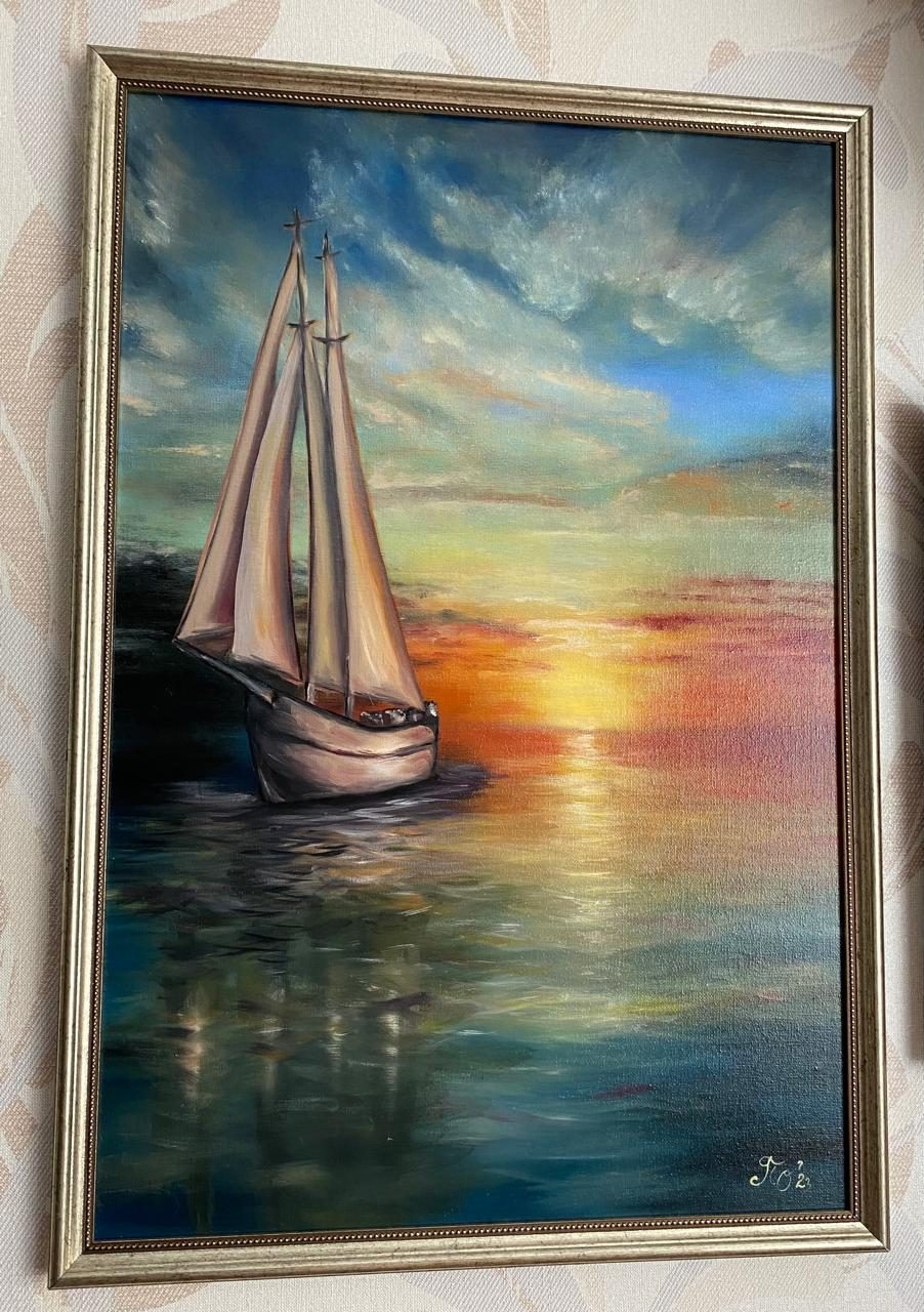 Картина «Парусник на закате». Масло