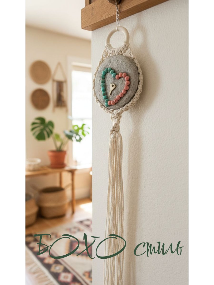 Настенное панно «Ключ от сердца» из бирюзы и бетона. Маленькое круглое панно в подарок, декор для интерьера в стиле бохо, лофт, минимализм, скандик (диаметр 12 см, макраме).