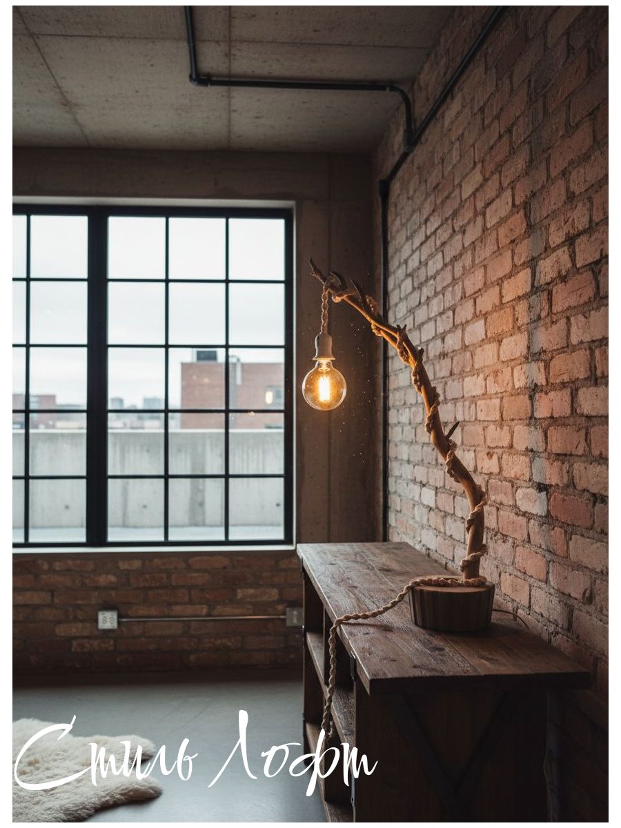 Дизайнерская настольная лампа Эдисона в стиле лофт, Светильник на бетонной подставке с веткой сосны, Провод оплетен макраме в технике ручной работы, Без плафона под патрон Е27.