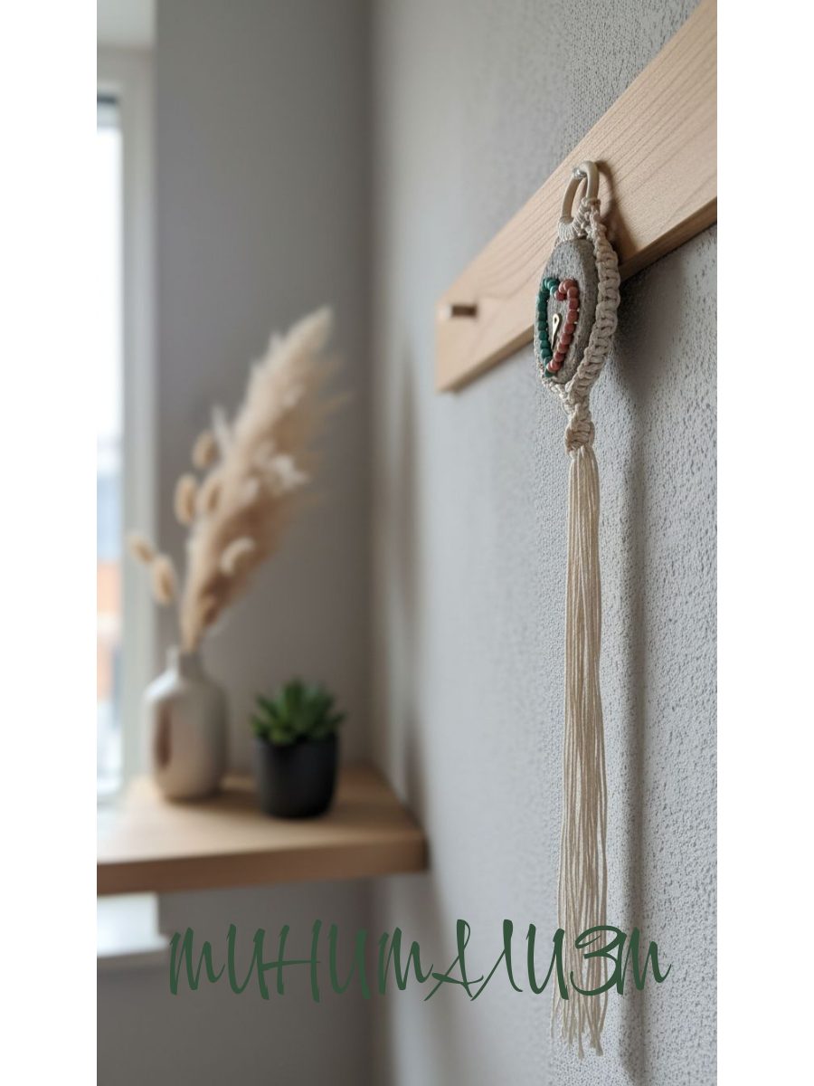 Настенное панно «Ключ от сердца» из бирюзы и бетона. Маленькое круглое панно в подарок, декор для интерьера в стиле бохо, лофт, минимализм, скандик (диаметр 12 см, макраме).