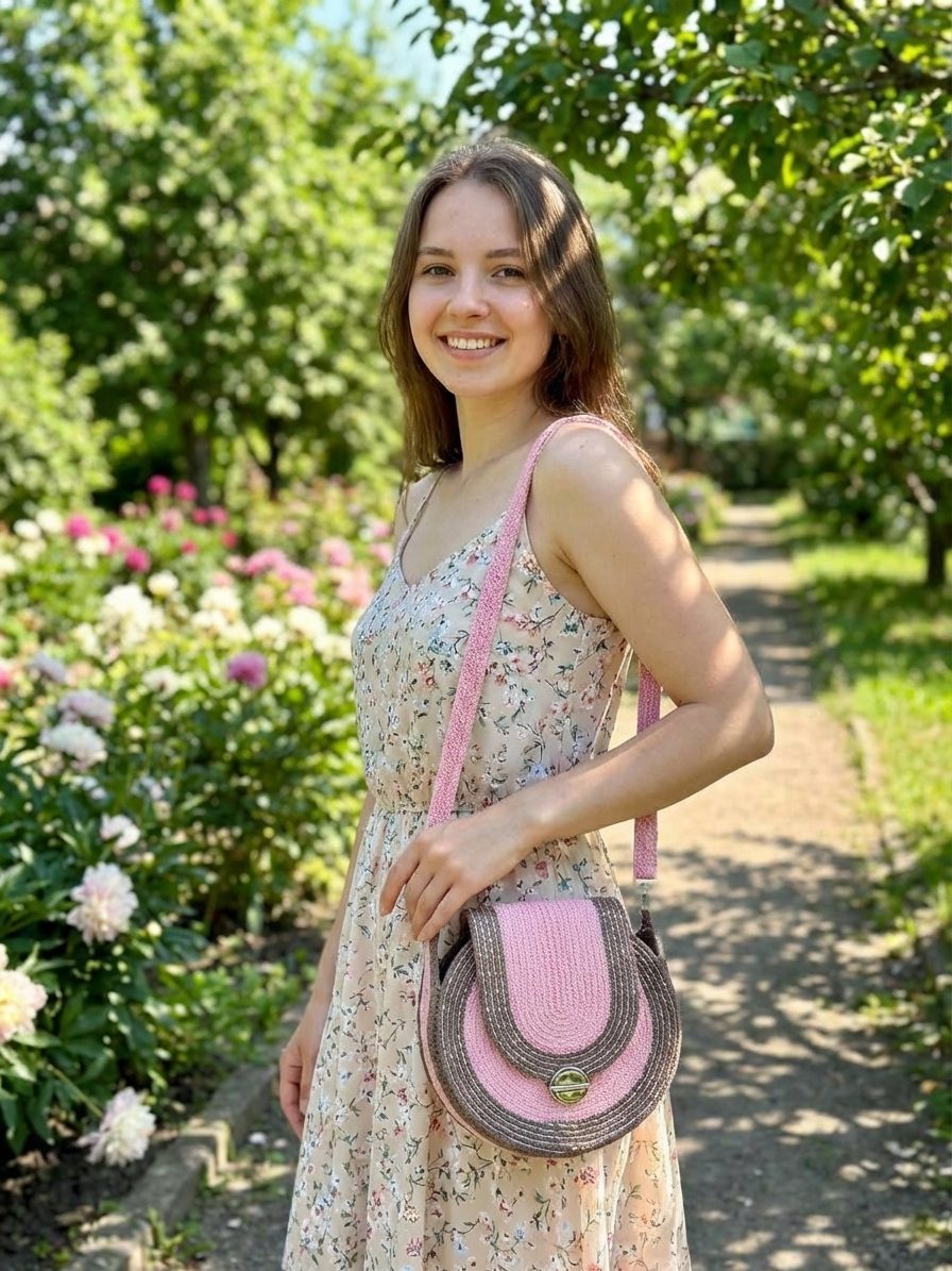 Круглая сумка через плечо с пайетками розово-коричневая, диаметр 20 см