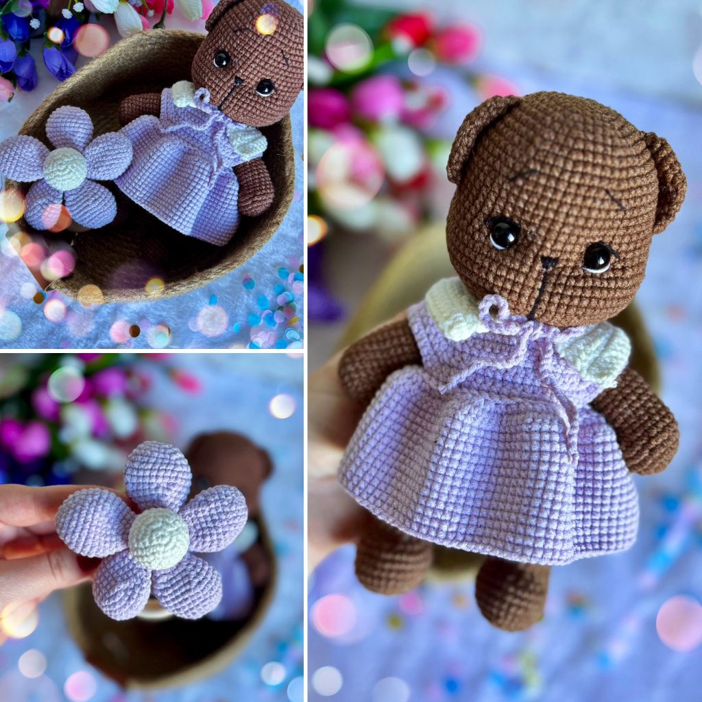 Вязаные игрушка и погремушка «Мишка с цветочком»