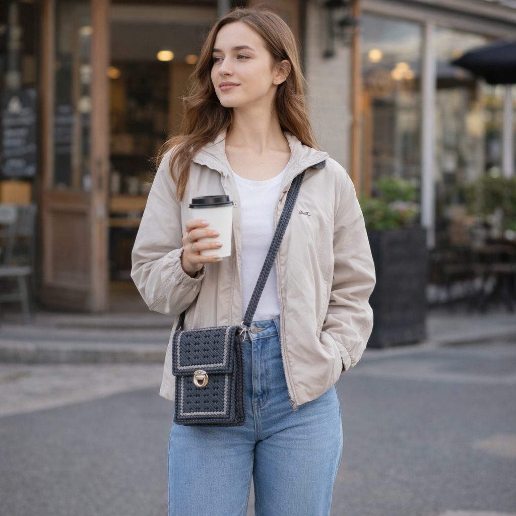 Плетеная сумка из шнура на канве