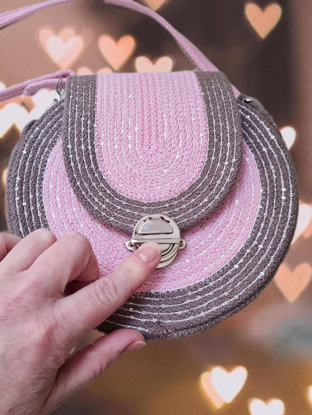 Круглая сумка через плечо с пайетками розово-коричневая, диаметр 20 см