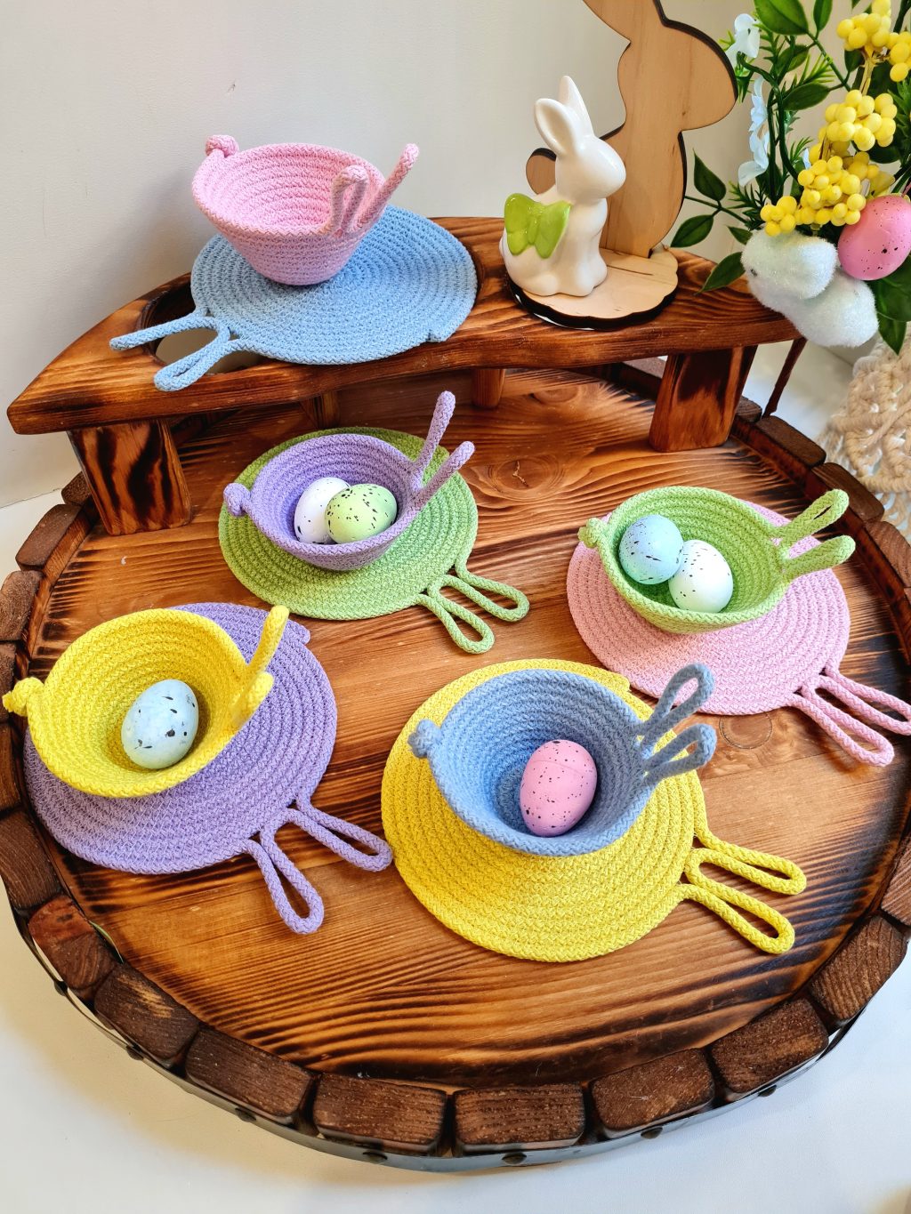 Пасхальный сервировочный набор: 5 пашотниц и 5 подставок под кружки /пасхальный декор стола из хлопкого шнура