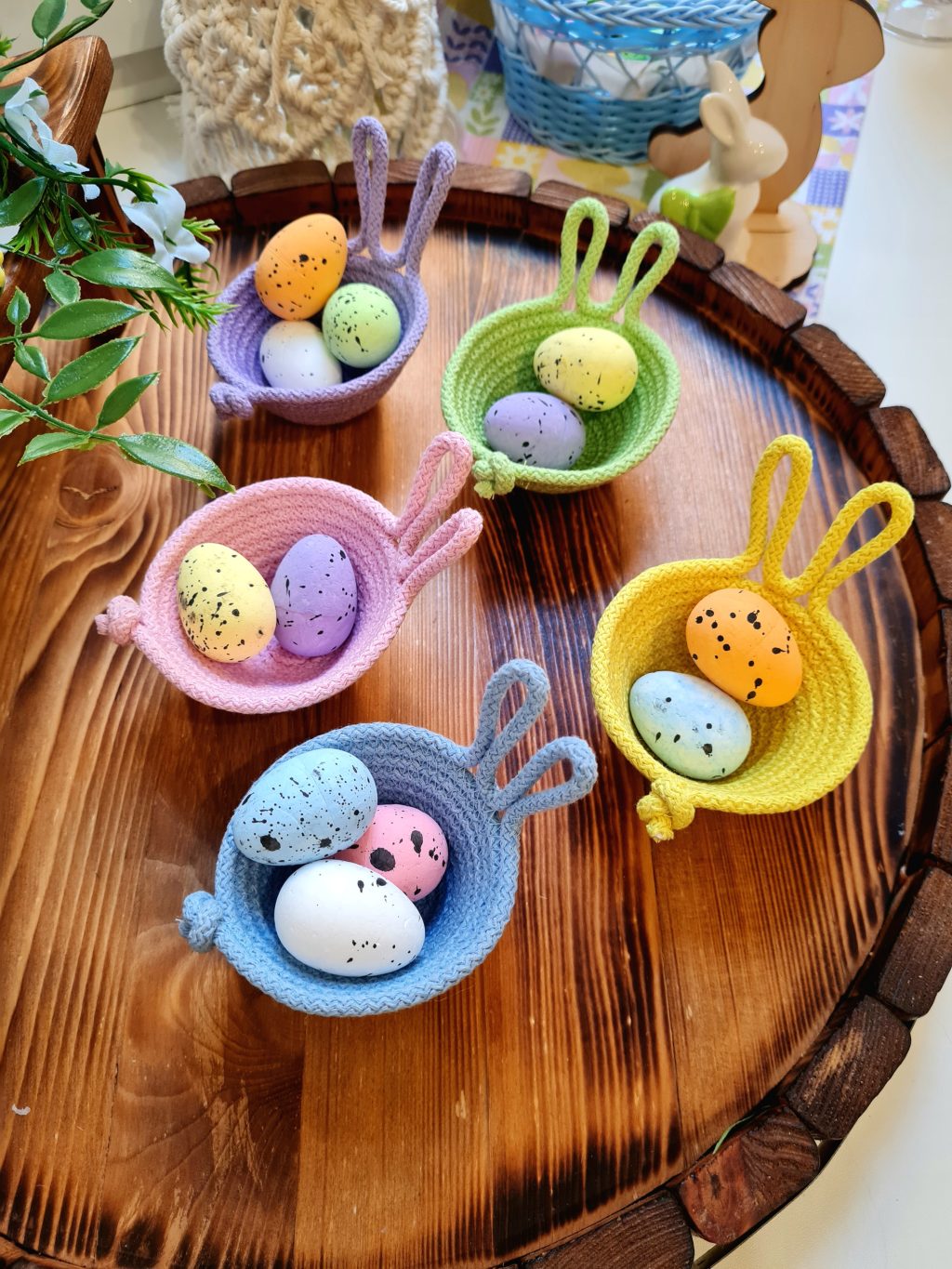 Пасхальный сервировочный набор: 5 пашотниц и 5 подставок под кружки /пасхальный декор стола из хлопкого шнура