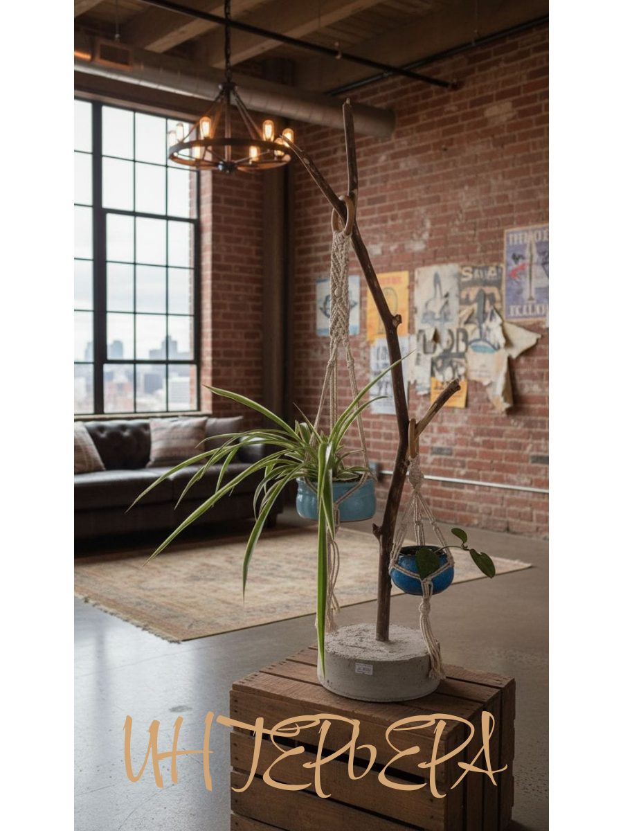 Макраме подвес на сосне и бетоне с цветами | Кашпо ручной работы | Эко-декор для квартиры | Живые растения в воздухе