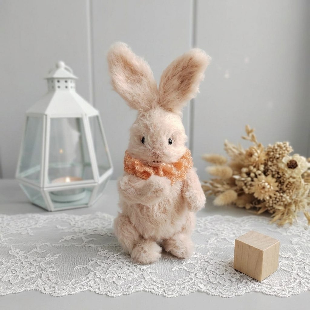 Игрушка вязаная пушистый зайка с воротничком