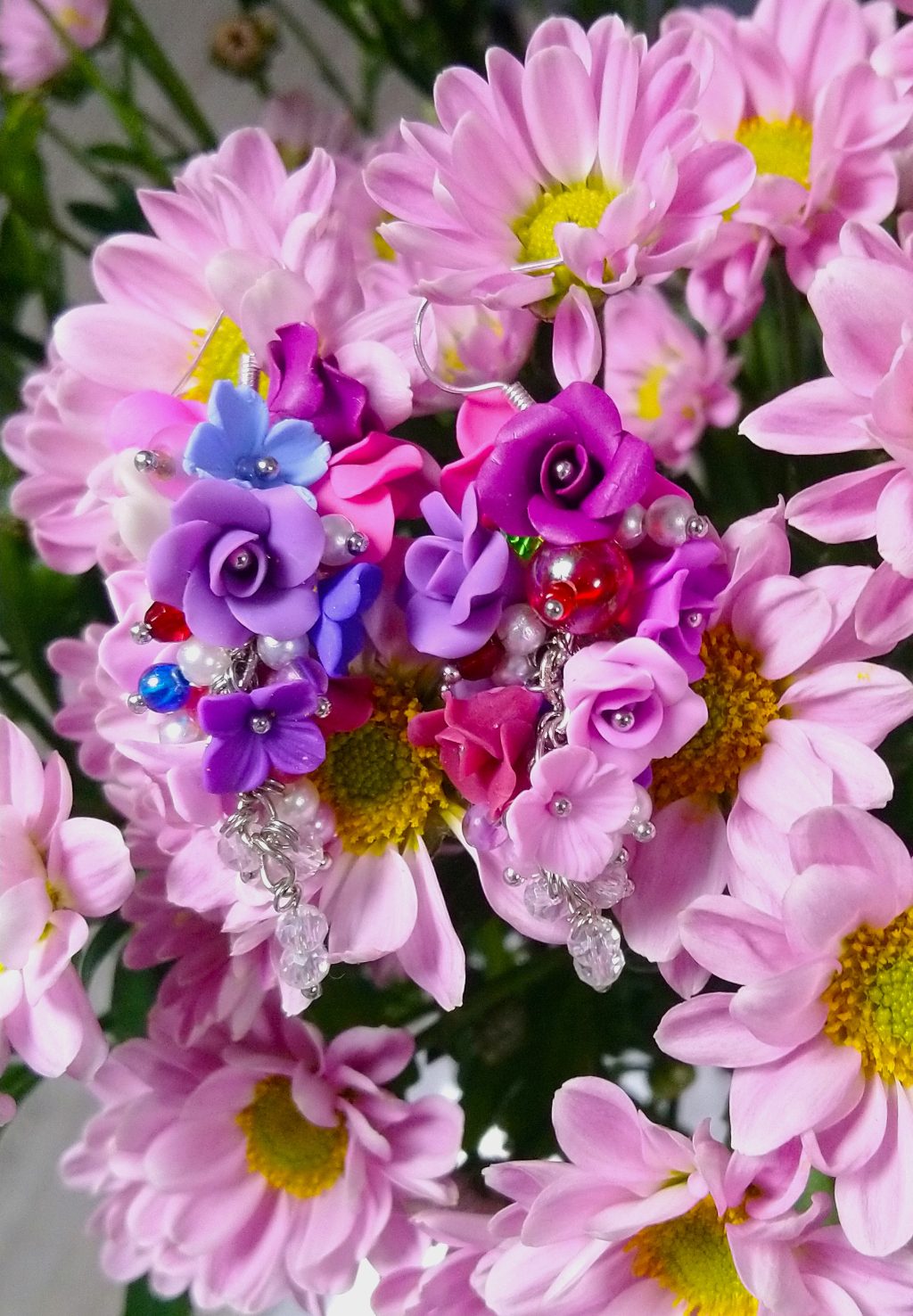 Серьги грозди с цветочным букетом из полимерной глины