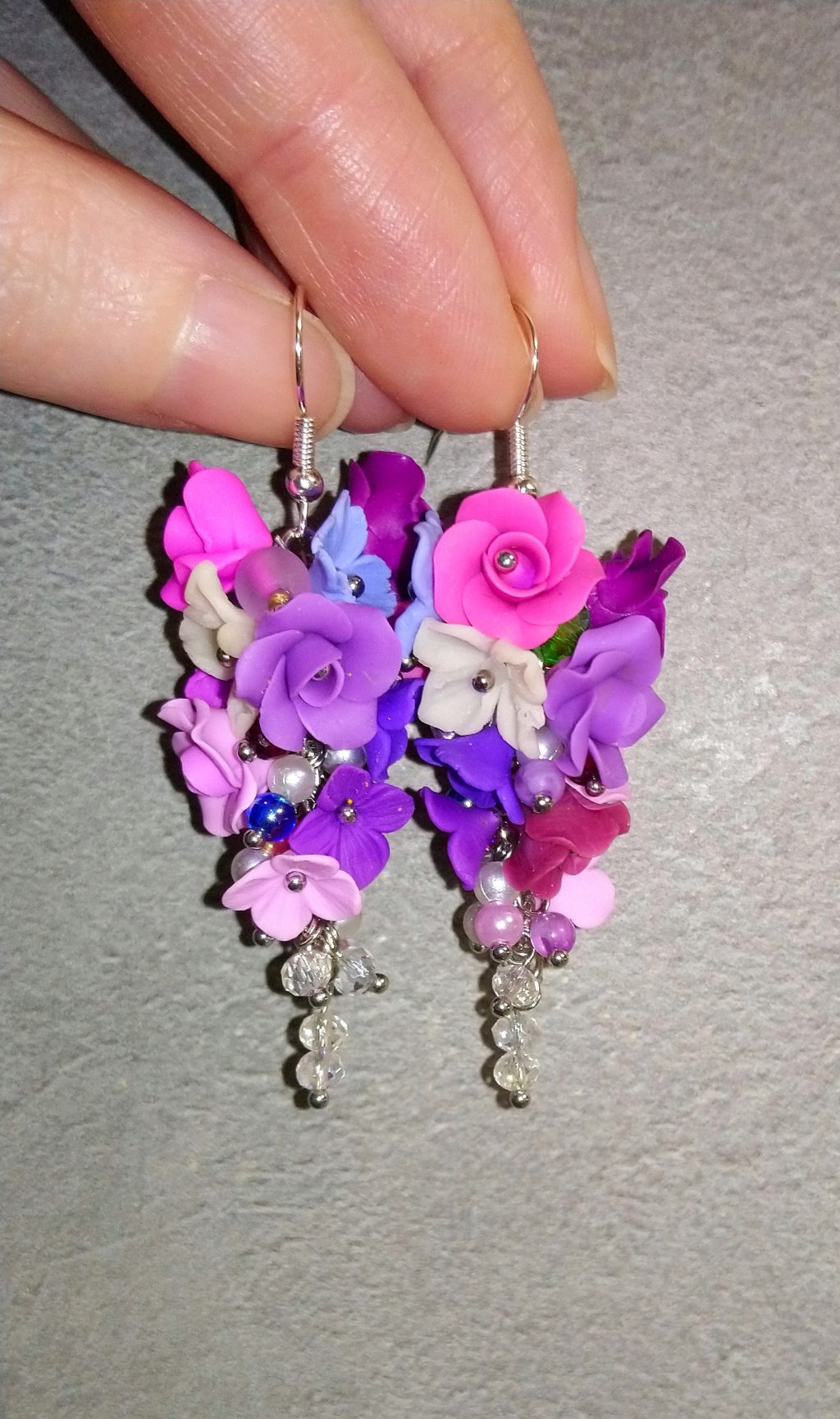 Серьги грозди с цветочным букетом из полимерной глины