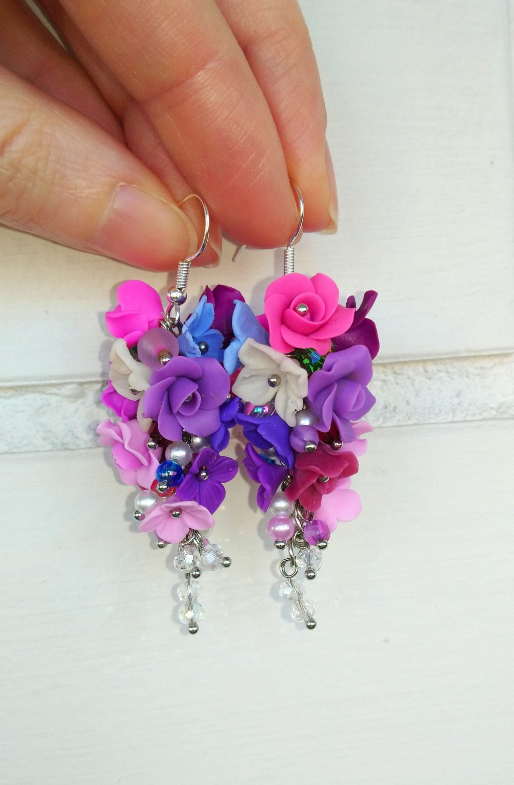 Серьги грозди с цветочным букетом из полимерной глины