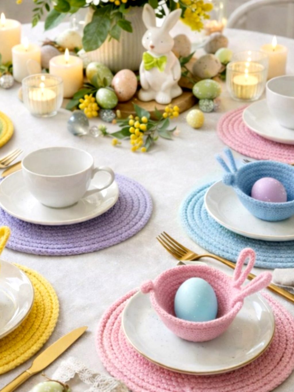 Пасхальный сервировочный набор: 5 пашотниц и 5 подставок под кружки /пасхальный декор стола из хлопкого шнура