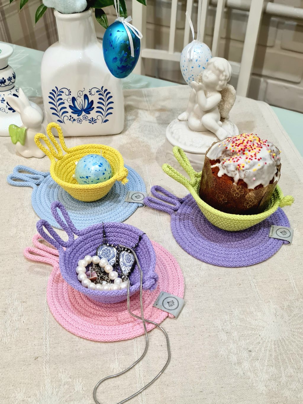 Пасхальный сервировочный набор: 5 пашотниц и 5 подставок под кружки /пасхальный декор стола из хлопкого шнура