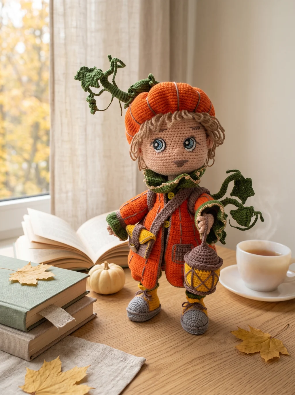 Вязаная интерьерная кукла Тыквенок, каркасная игрушка