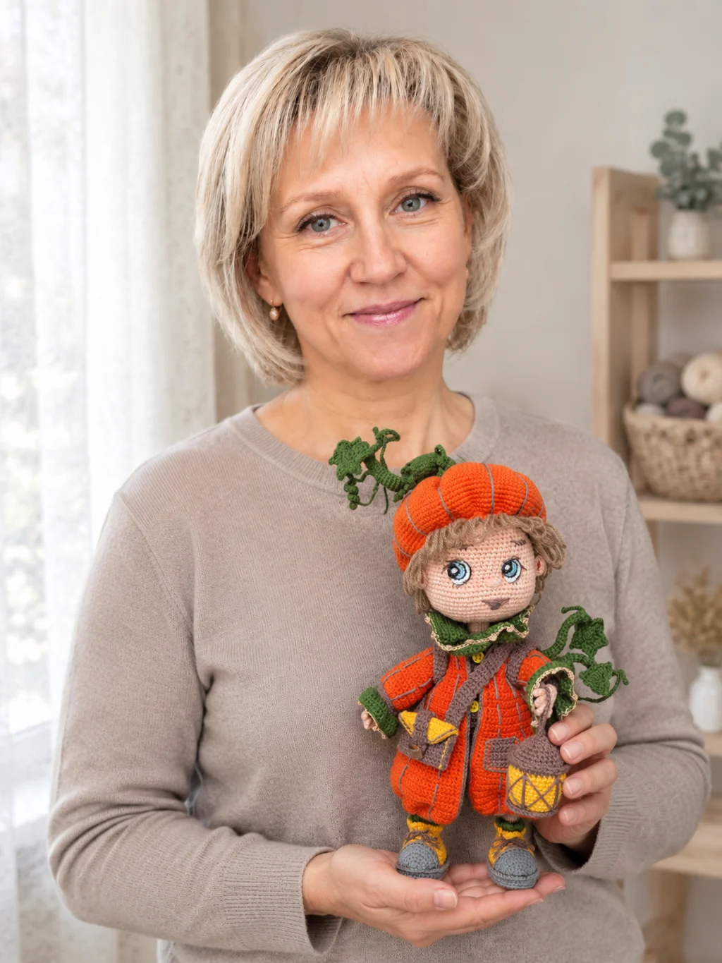 Вязаная интерьерная кукла Тыквенок, каркасная игрушка