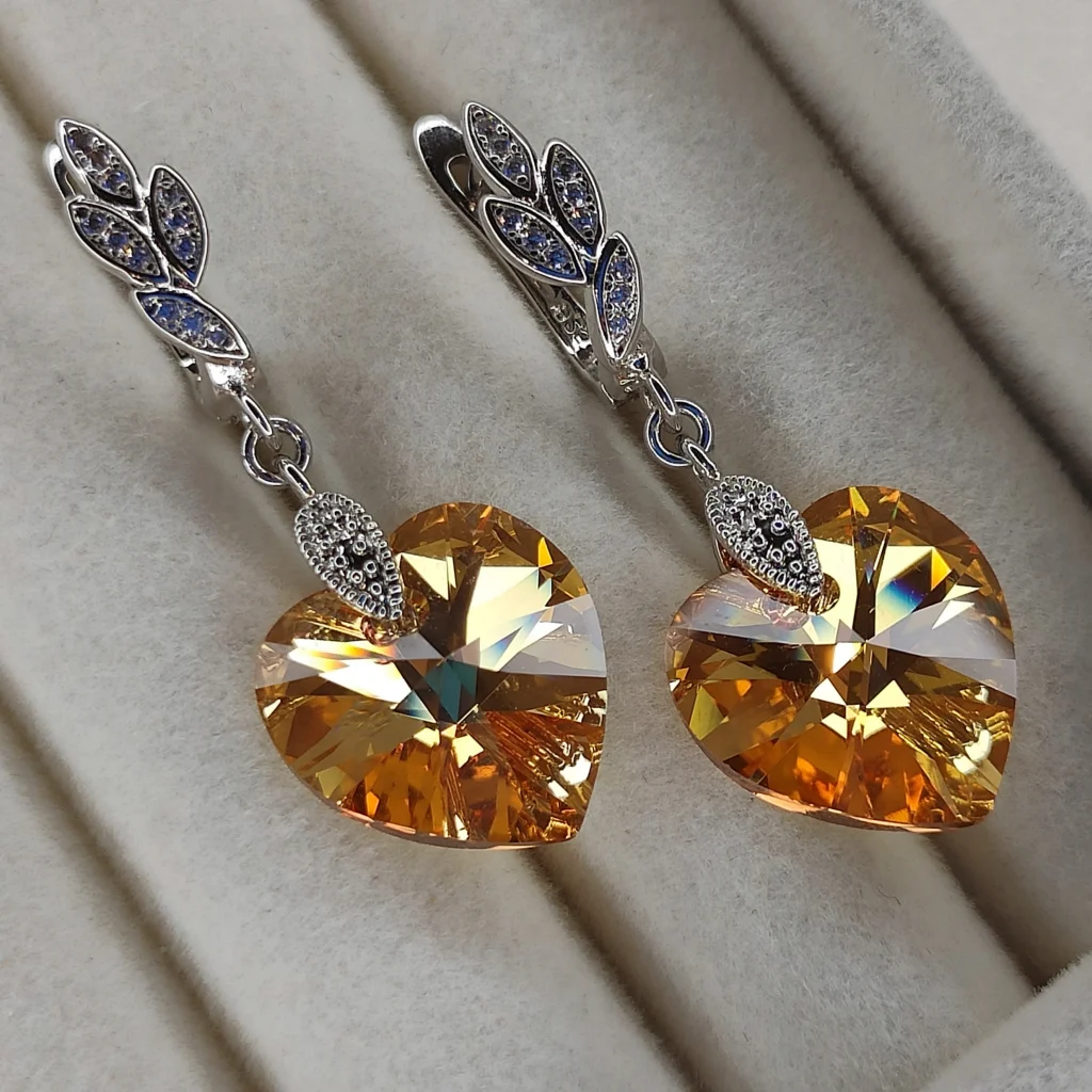 Серьги с желтыми кристаллами «сердце»