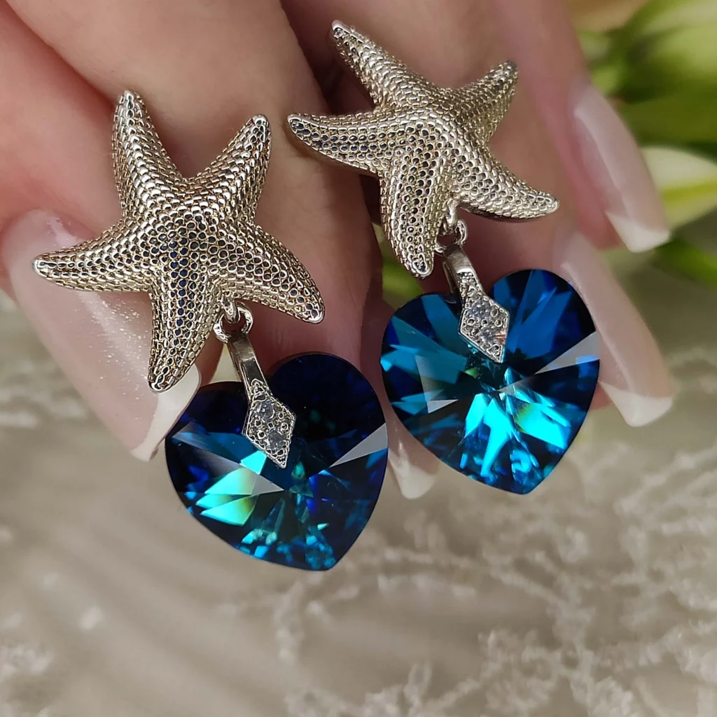 Серьги с синими кристаллами «сердце»