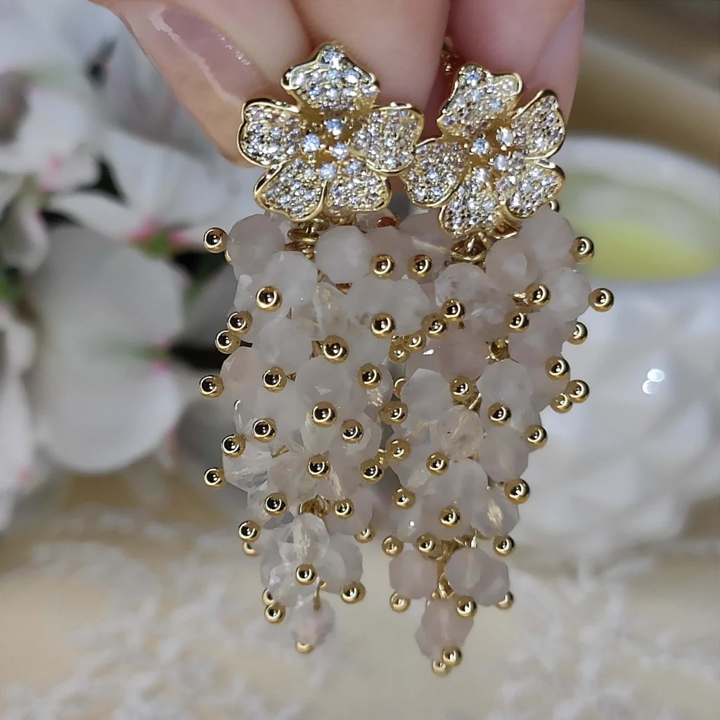 Серьги-грозди с Розовым кварцем